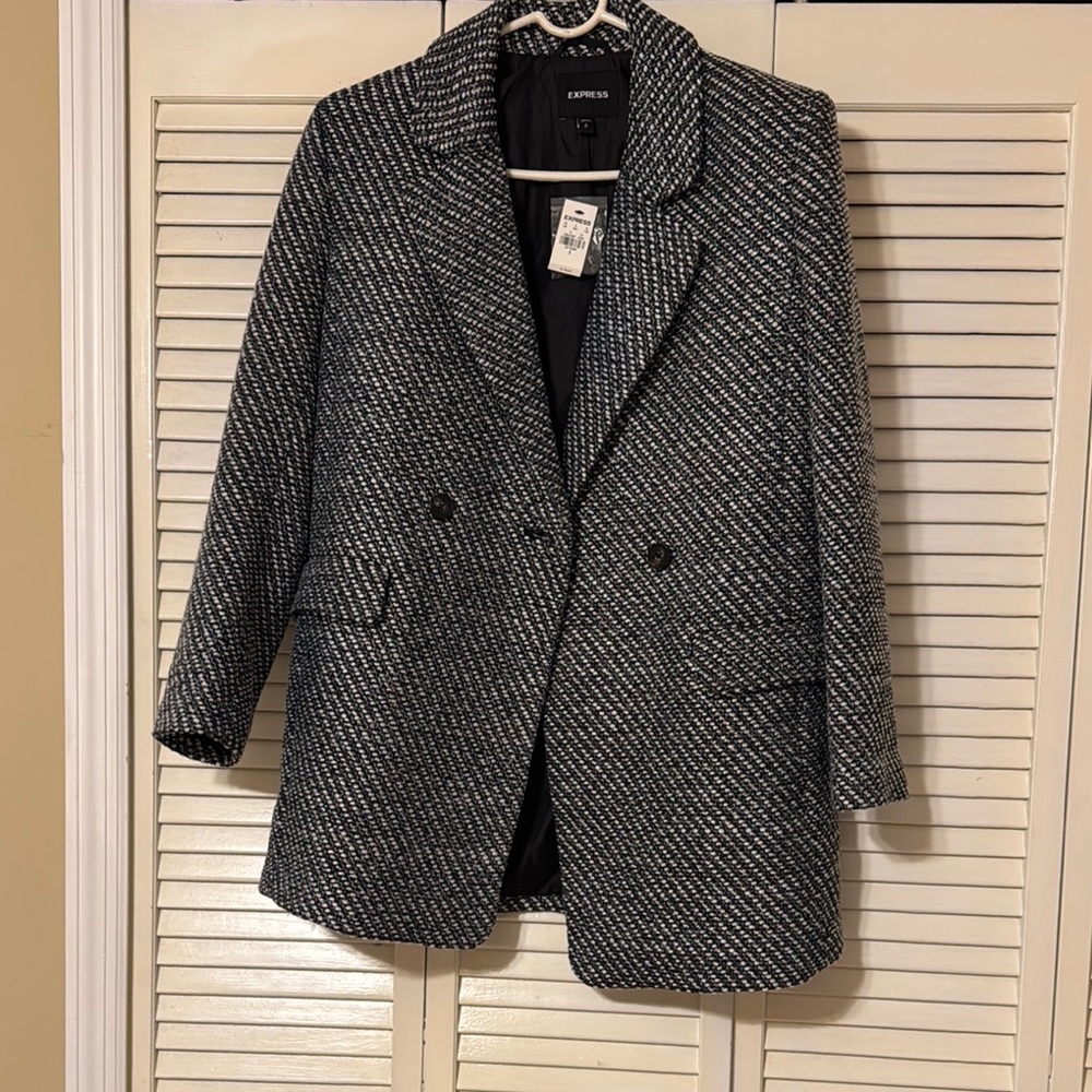 Express Women's Black and White Metallic Oversized Tweed Coat